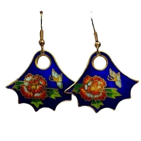 Vintage Blue Floral Oriental Style Dangling Earrings Hook Closure - Picture 1 of 3